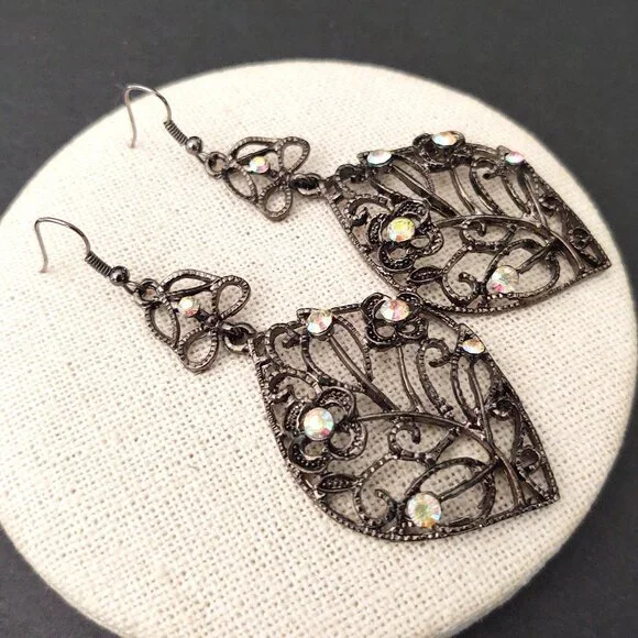 Dark metal dangle earrings with aurora borealis bead accents - Picture 5 of 10